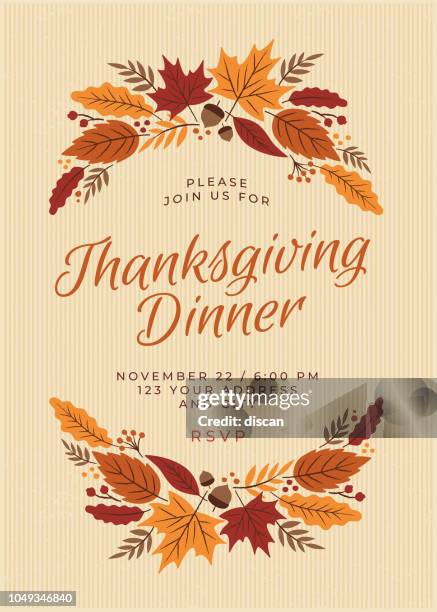 ilustraciones, imágenes clip art, dibujos animados e iconos de stock de plantilla de invitación de la cena del día de acción de gracias - happy thanksgiving text