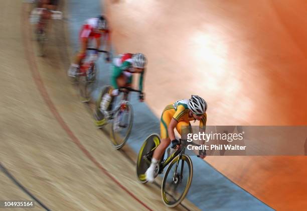 Megan Dunn of Australia competes in the Womens Scratch race at the IG Sports Complex during day four of the Delhi 2010 Commonwealth Games on October...