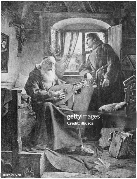 illustrazioni stock, clip art, cartoni animati e icone di tendenza di illustrazione di pittura antica: monaci - mandolino