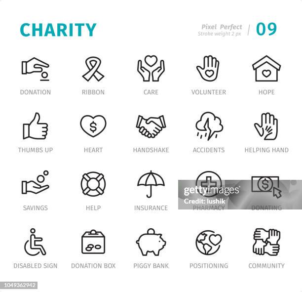 charity - pixel perfekte linie symbole mit bildunterschriften - salvation stock-grafiken, -clipart, -cartoons und -symbole