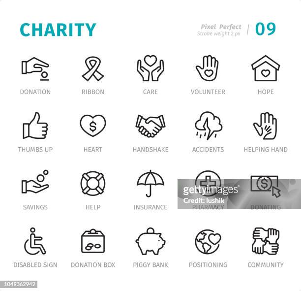 illustrazioni stock, clip art, cartoni animati e icone di tendenza di beneficenza - icone di linea pixel perfect con didascalie - donazione
