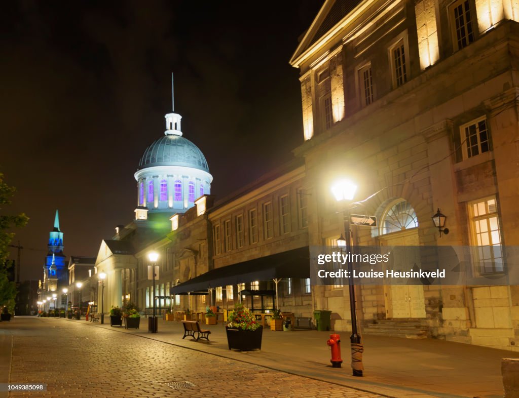 Rue Saint Paul, Old Montreal, with Bonsecours Market at night