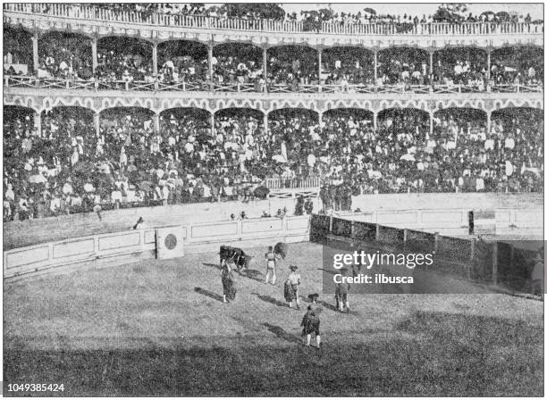 antique photograph: bull fight, mexico city, mexico - mexico bull fight stock illustrations