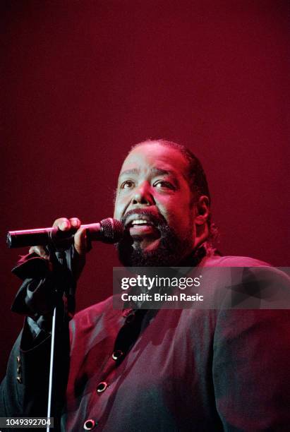 American singer, songwriter and musician Barry White performs live on stage at Wembley Arena in London on 14th March 1995.