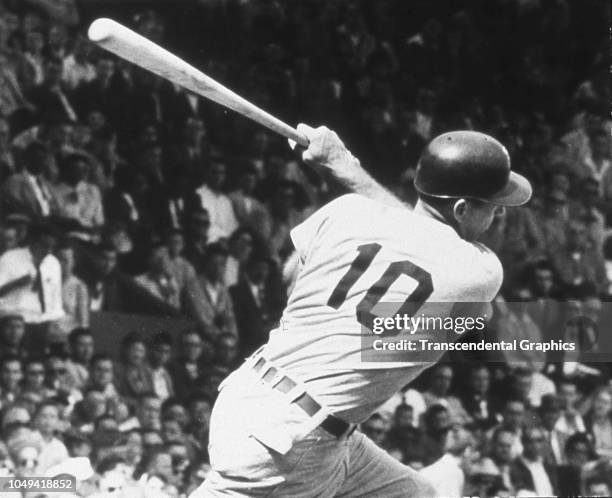 View of American baseball player Sherm Lollar , of the Chicago White Sox, as he swings a bat during a game at Comiskey Park, Chicago, Illinois, 1959.