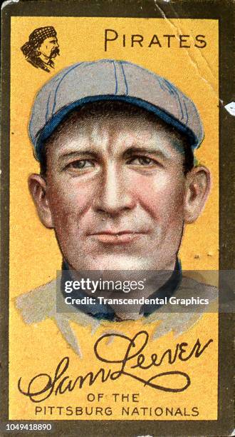 Cigarette card features American baseball player Sam Leever , of the Pittsburgh Pirates, New York, New York, 1911.
