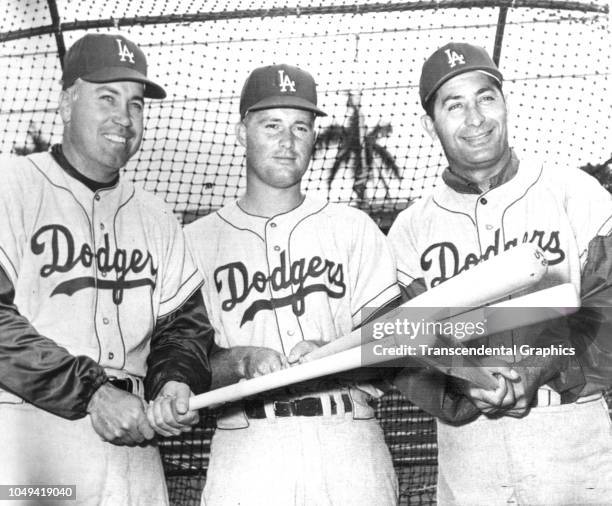 Portrait of a trio of baseball players, outfielders from the Los Angeles Dodgers team, as they pose at Dodger Stadium, Los Angeles, California, 1959....