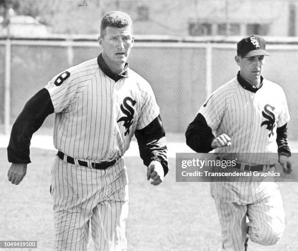 View of American pitchers Herb Score and Ray Herbert, both of the Chicago White Sox, as they work out during spring training camp, Sarasota Florida,...