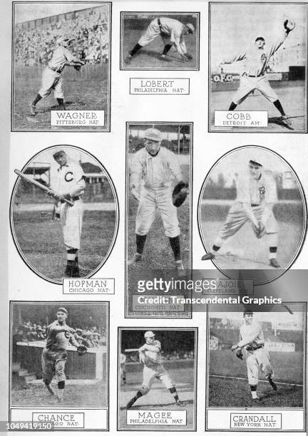 Collage for Leslie's Magazine features a group of American baseball players, New York, New York, 1910. Pictured are, top row from left, Honus Wagner,...
