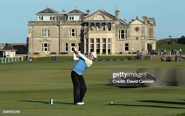 Marcel Siem of Germany on the 18th tee during the first round of The Alfred Dunhill Links Championship at The Old Course on October 7, 2010 in St...