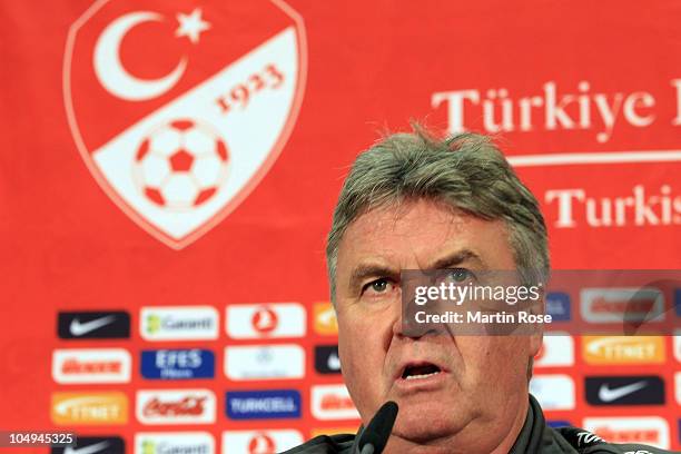 Head coach Guus Hiddink looks on during the Turkish press conference at Olympia stadium on October 7, 2010 in Berlin, Germany.