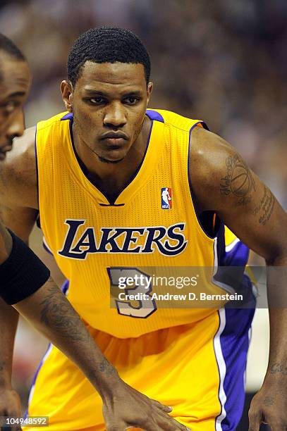 Devin Ebanks of the Los Angeles Lakers looks on during the game against Regal F.C. Barcelona at Palau Sant Jordi stadium on October 7, 2010 in...