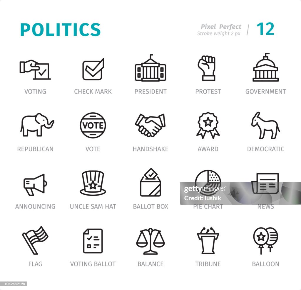 Politica - Pixel Icone di linea perfette con didascalie