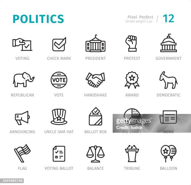 illustrazioni stock, clip art, cartoni animati e icone di tendenza di politica - pixel icone di linea perfette con didascalie - politica