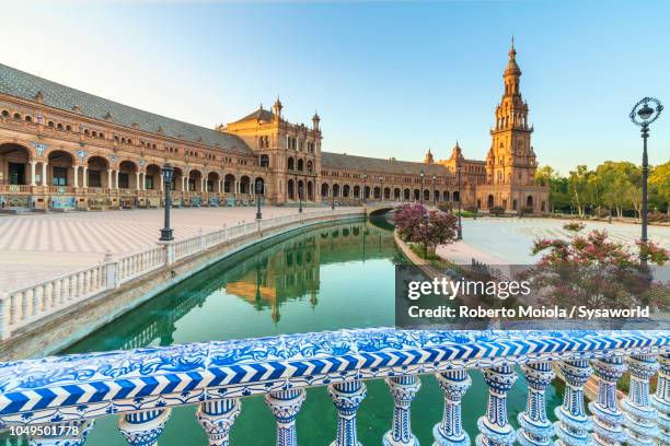 ceramic balustrade, plaza de espana, seville - seville palace stock pictures, royalty-free photos & images