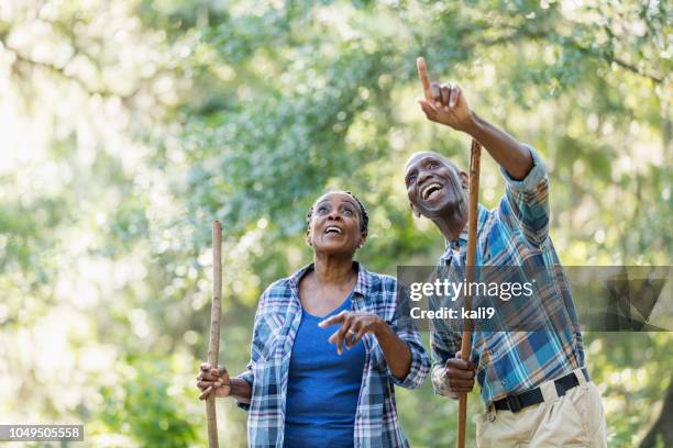 senior african-american couple hiking, exploring - looking around stock pictures, royalty-free photos & images