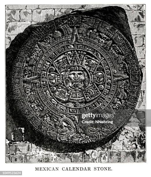 woodcut of aztec calendar stone - historical geopolitical location stock illustrations