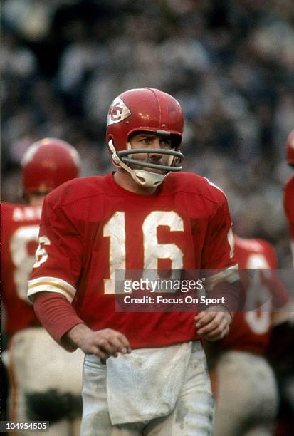 Quarterback Len Dawson of the Kansas City Chiefs walking off the field against the New York Jets during an NFL football game circa 1968 at Municipal...