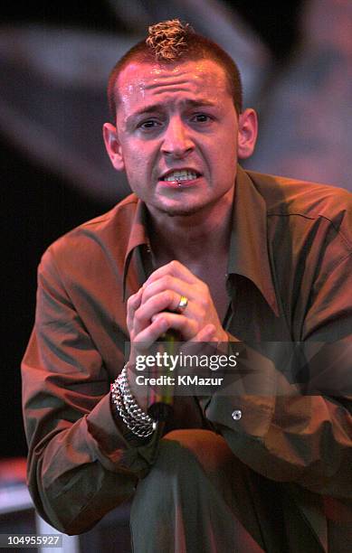 Linkin Park during Slipknot performs at 2001 Ozzfest at PNC Bank Arts Center in Holmdel, New Jersey, United States.