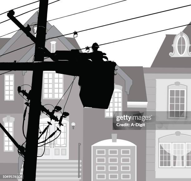 neighbourhood power maintemance - electricity pylon stock illustrations