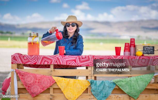 femme au stand de limonade sur la campagne environnante - buvette photos et images de collection