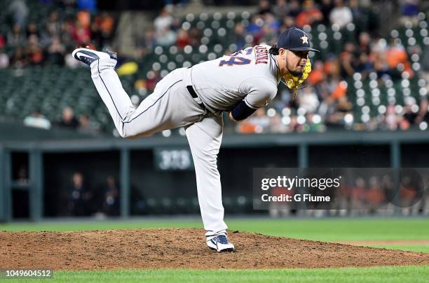 Roberto Osuna of the Houston Astros pitches in the ninth inning against the Baltimore Orioles at Oriole Park at Camden Yards on September 28, 2018 in...