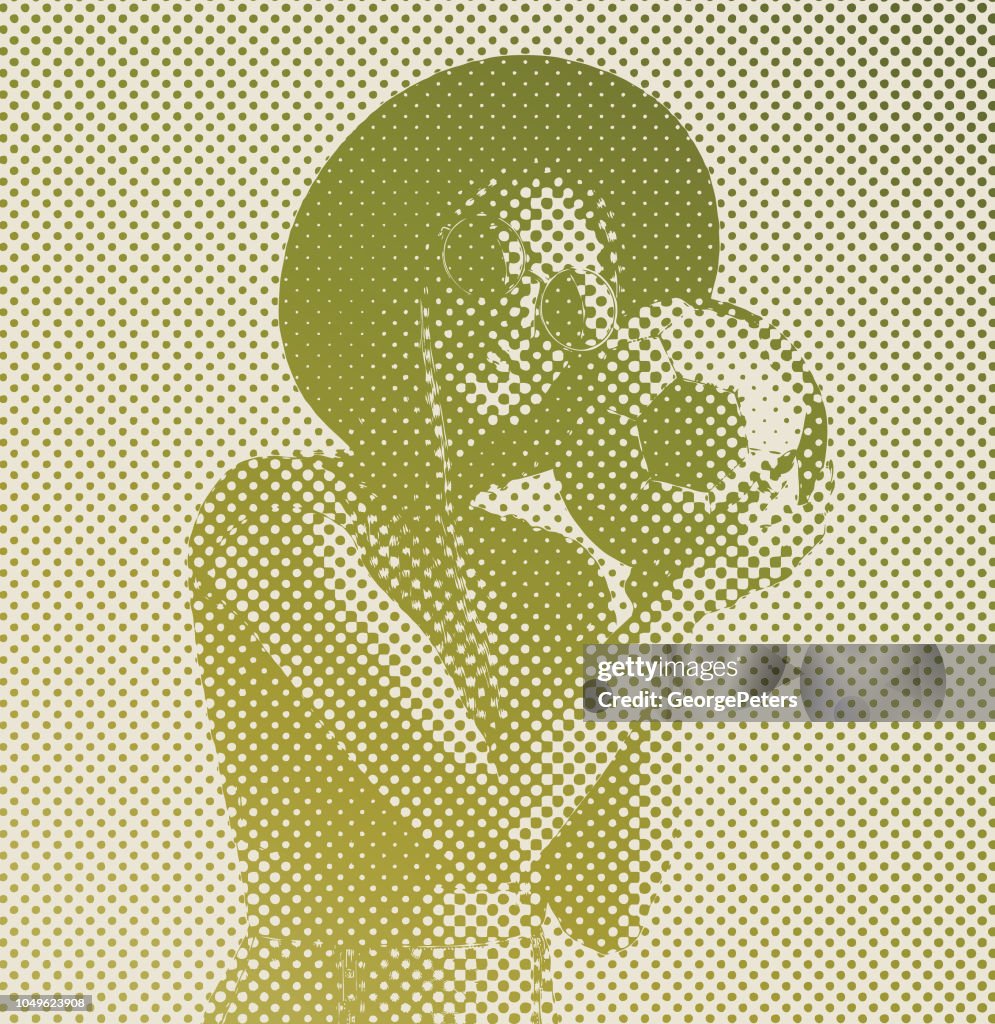 Beautiful female soccer fan hugging soccer ball with halftone dot