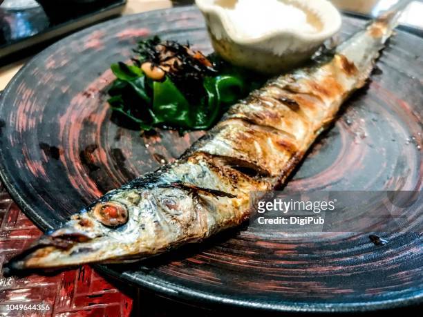 sanma sumibi yaki  (charcoal grilled pacific saury) - saury stock pictures, royalty-free photos & images