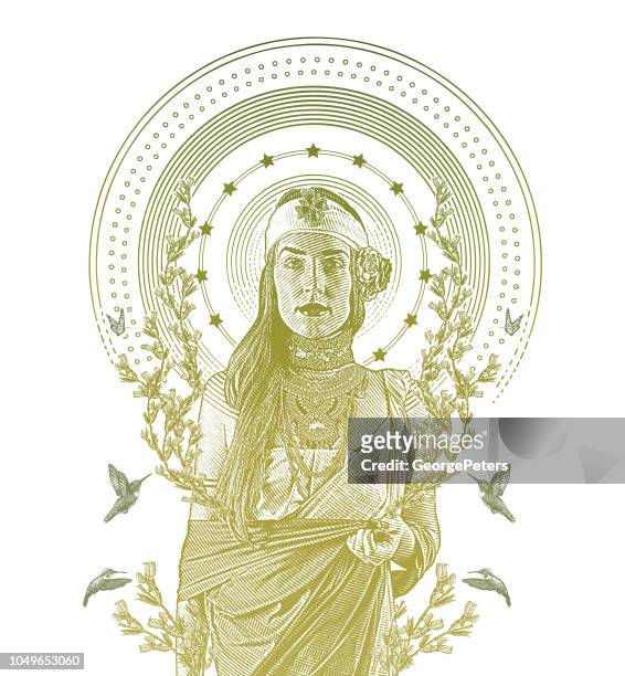 multiple exposure of woman, hummingbirds and flowers - goddess stock illustrations