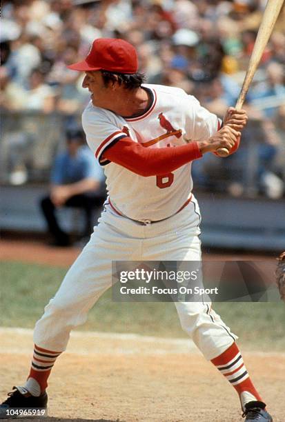 Outfielder/First Baseman Stan Musial of the St. Louis Cardinals stands at the plate waiting on the pitch during a Major League Baseball game at Busch...