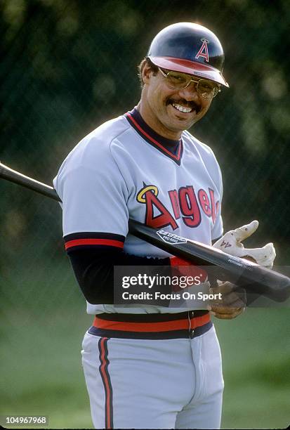 Outfielder Reggie Jackson of the Californian Angels in this portrait smiles for the camera during a Major League Baseball game circa 1986. Jackson...