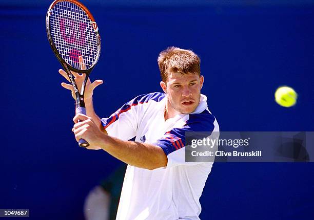 Barry Cowan of Great Britain in action in the Men's Tennis Singles First Round at the NSW Tennis Centre on Day Four of the Sydney 2000 Olympic Games...