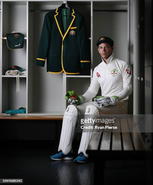 Australian Test cricket captain Tim Paine poses with his Australian Captain's Blazer during a portrait session at ICC Academy on October 05, 2018 in...