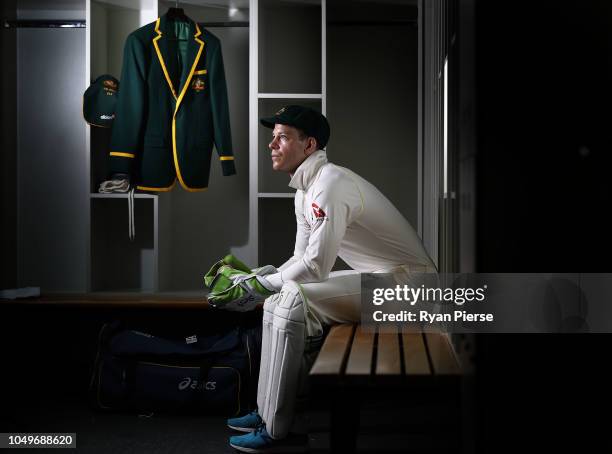 Australian Test cricket captain Tim Paine poses with his Australian Captain's Blazer during a portrait session at ICC Academy on October 05, 2018 in...