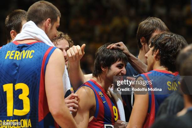 Ricky Rubio, #9 of Regal FC Barcelona celebrates with his teamates the victory at the end of the NBA Europe Live game between Regal FC Barcelona vs...