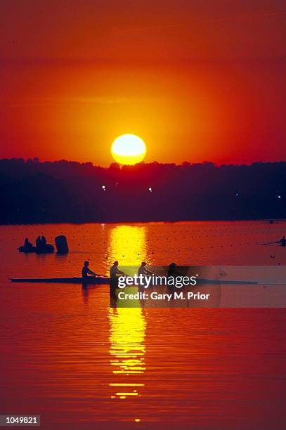 Early morning rowing practice at the Sydney International Regatta Centre on Day Three of the Sydney 2000 Olympic Games in Sydney, Australia....