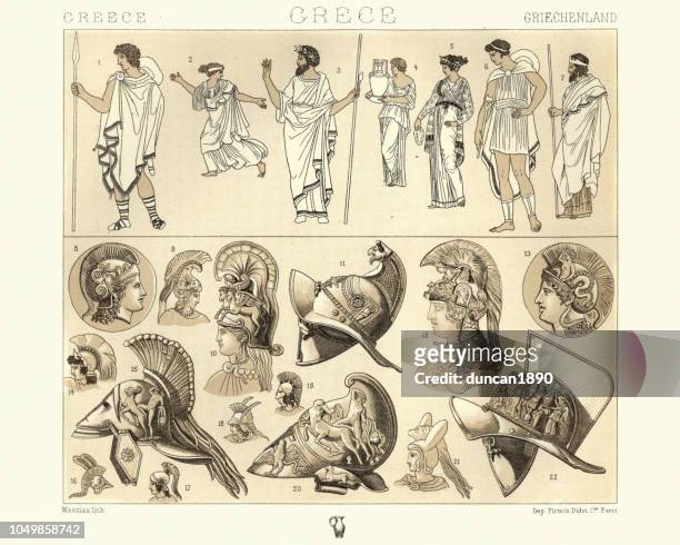 ilustraciones, imágenes clip art, dibujos animados e iconos de stock de trajes de la antigua grecia, túnica, capas y cascos - armadura