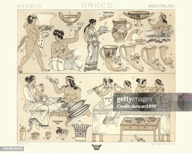 ilustrações de stock, clip art, desenhos animados e ícones de ancient greek banguet, dining furniture and utensils - grécia antiga