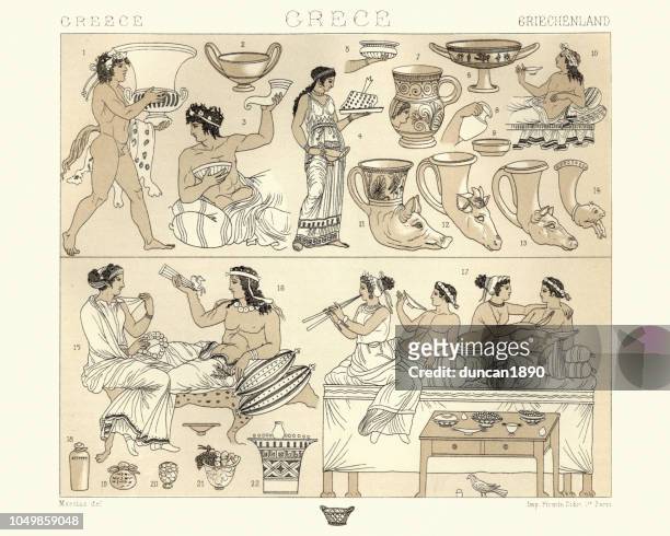 ancient greek banguet, dining furniture and utensils - ancient greece stock illustrations