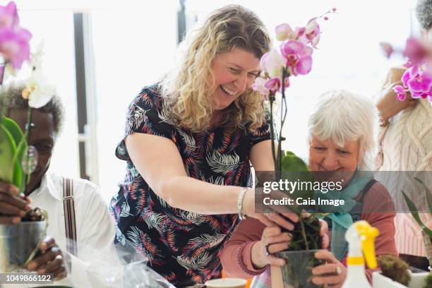 smiling instructor and senior woman in flower arranging class - arranging flowers foto e immagini stock