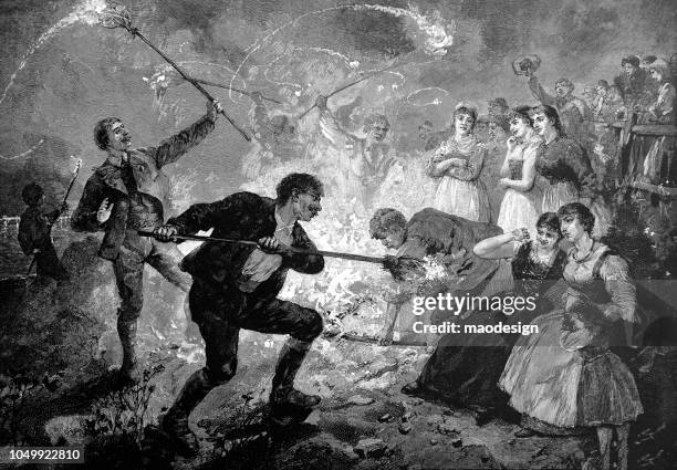easter party with fire and traditional dance - 1888 - dancing home stock illustrations