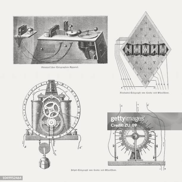 first electrical telegraphs, wood engravings, published in 1885 - german pointer stock illustrations
