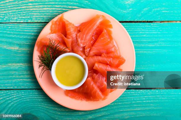 homemade gravlax, salmon dish served with mustard sauce - salted bildbanksfoton och bilder