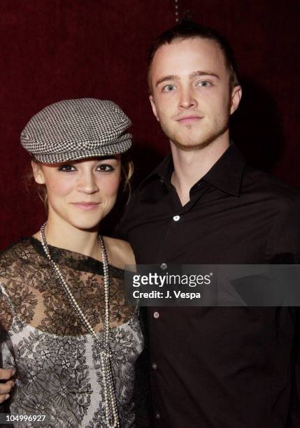 Samaire Armstrong & Aaron Paul during Razor Magazine 2002 Major League Baseball Preview Party at 6 Restaurant in Scottsdale, Arizona, United States.