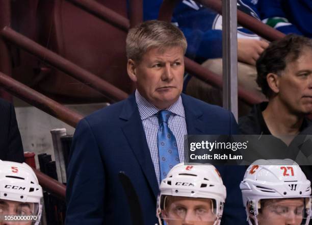 Head Coach Bill Peters in NHL action against the Vancouver Canucks in the NHL on October 2018 at Rogers Arena in Vancouver, British Columbia, Canada.