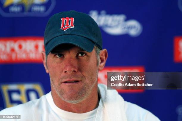 Minnesota Vikings quarterback Brett Favre answers questions from the media during a press conference at Winter Park on October 7, 2010 in Eden...