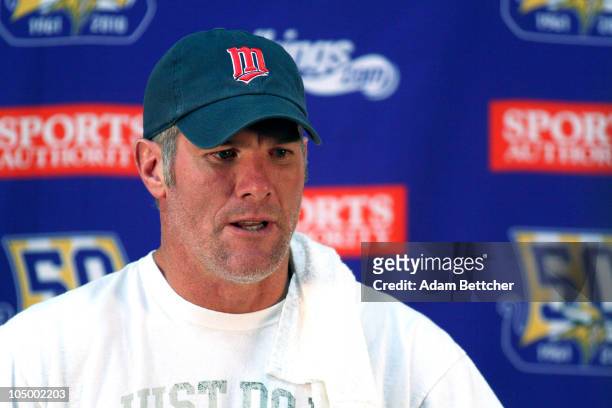 Minnesota Vikings quarterback Brett Favre answers questions from the media during a press conference at Winter Park on October 7, 2010 in Eden...