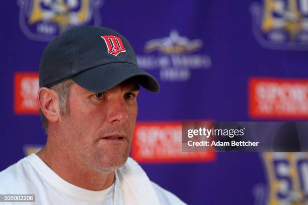 Minnesota Vikings quarterback Brett Favre answers questions from the media during a press conference at Winter Park on October 7, 2010 in Eden...