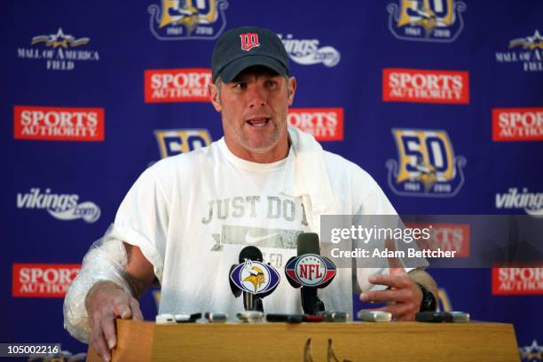 Minnesota Vikings quarterback Brett Favre answers questions from the media during a press conference at Winter Park on October 7, 2010 in Eden...