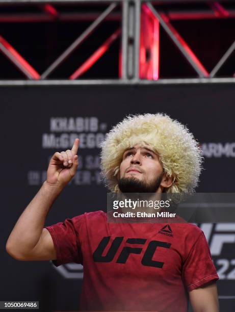 Lightweight champion Khabib Nurmagomedov poses during a ceremonial weigh-in for UFC 229 at T-Mobile Arena on October 05, 2018 in Las Vegas, Nevada....